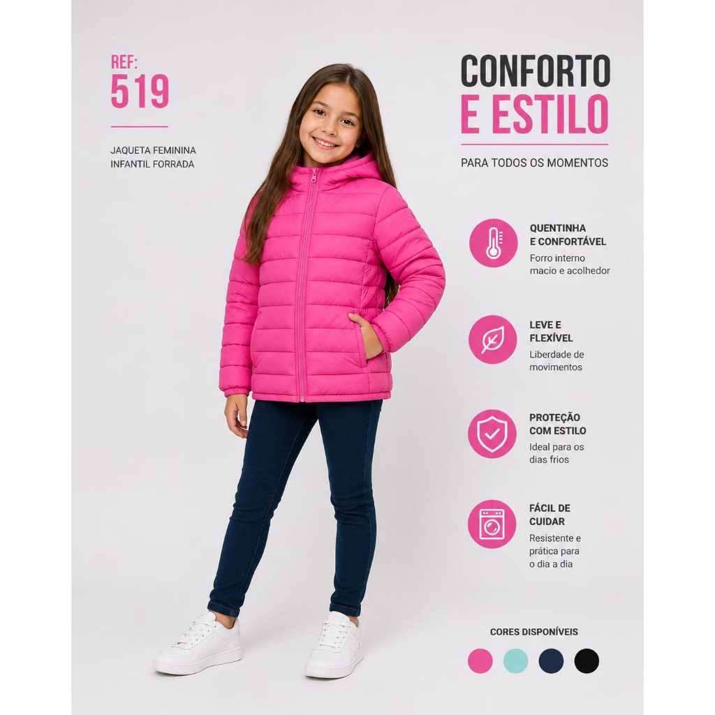 Jaqueta Infantil Feminina Puffer Forrada com Capuz