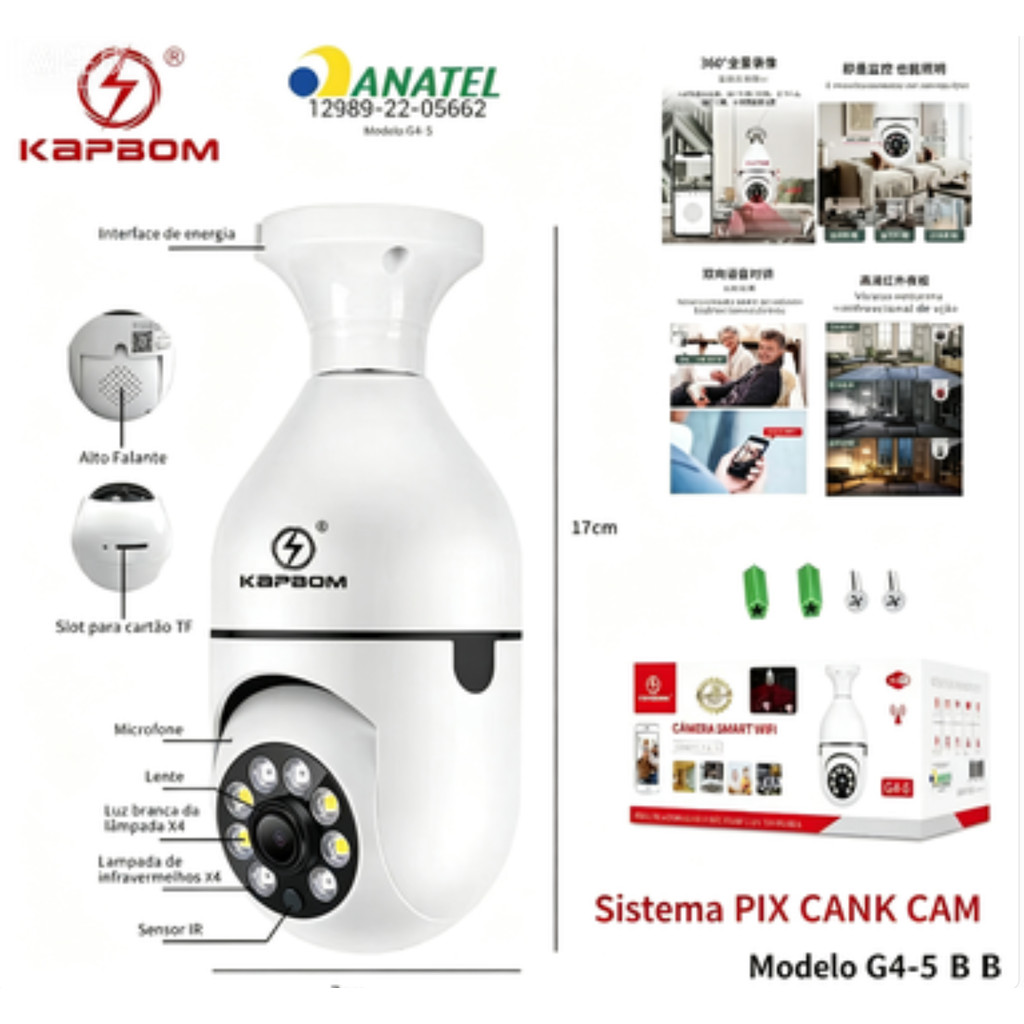 KAPBOM G4-5 Câmera IP Panorâmica Wifi ANATEL Apl