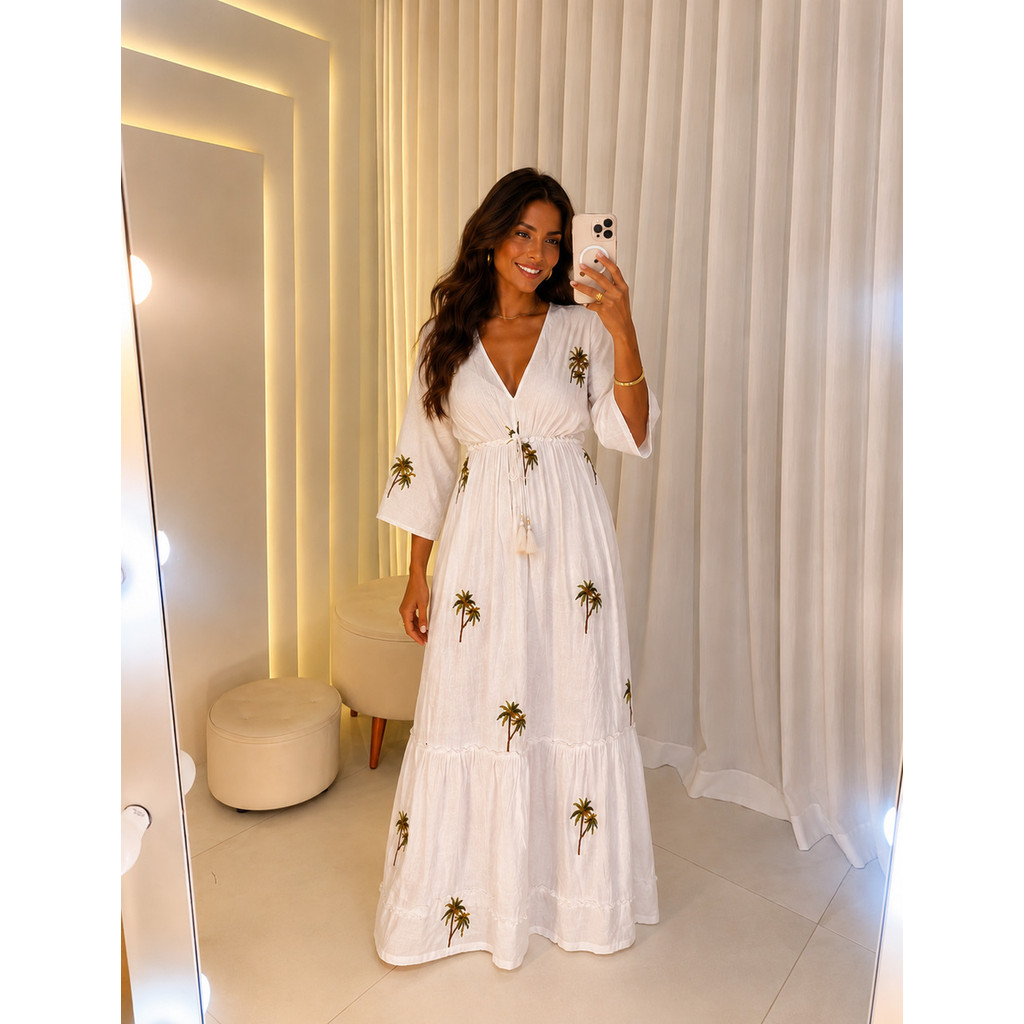 Vestido Longo Viscose Bordado Coqueiro Verão Eleg