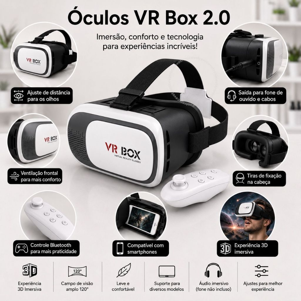 Óculos VR Box 2.0 Realidade Virtual 3D c/Controle