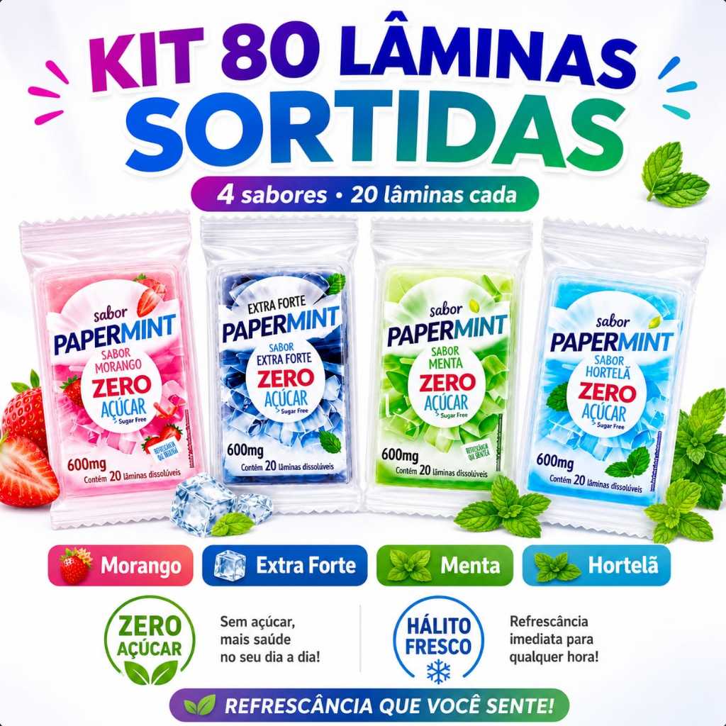 Kit 80 Lâminas Refrescantes Papermint Zero Açúc
