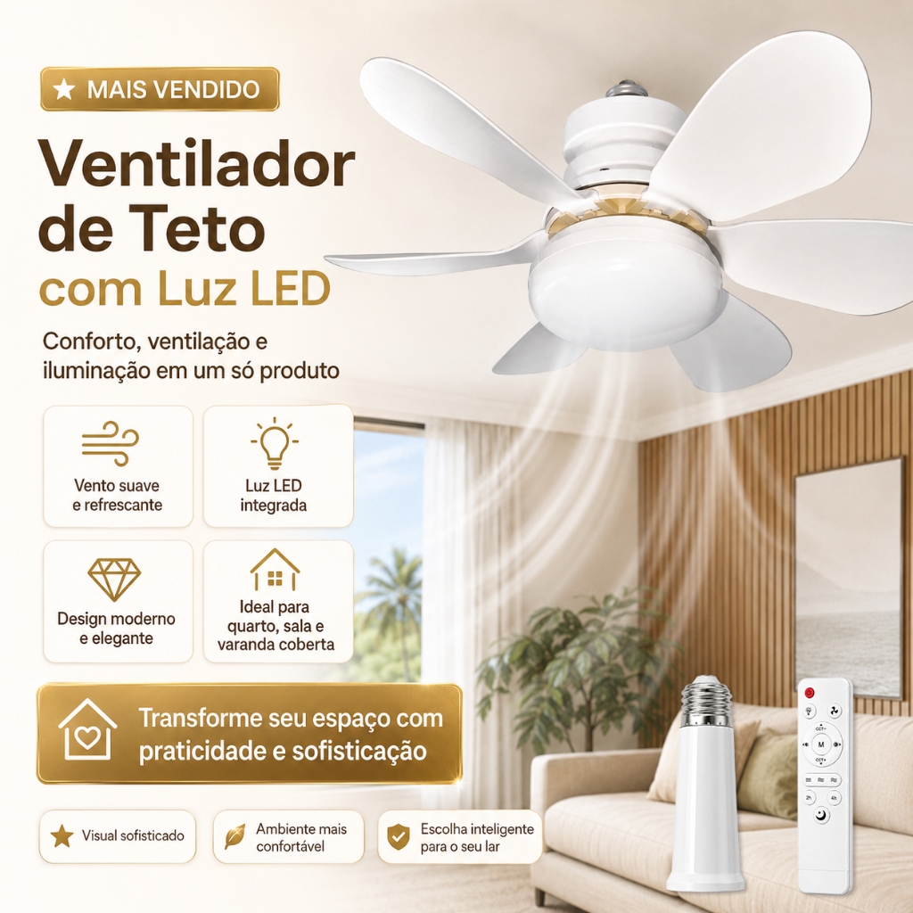 Ventilador 60w/80w de Teto Silencioso LED 3 Cores 