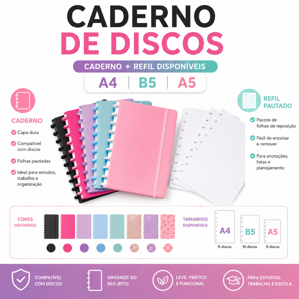 Caderno de Discos A4 A5 B5 + Refil 80 Folhas Capa 