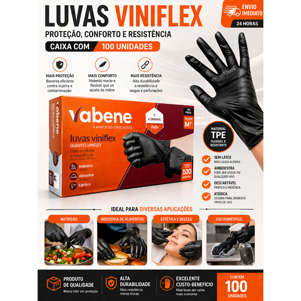 Luvas descartáveis pretas viniflex sem pó P M G 