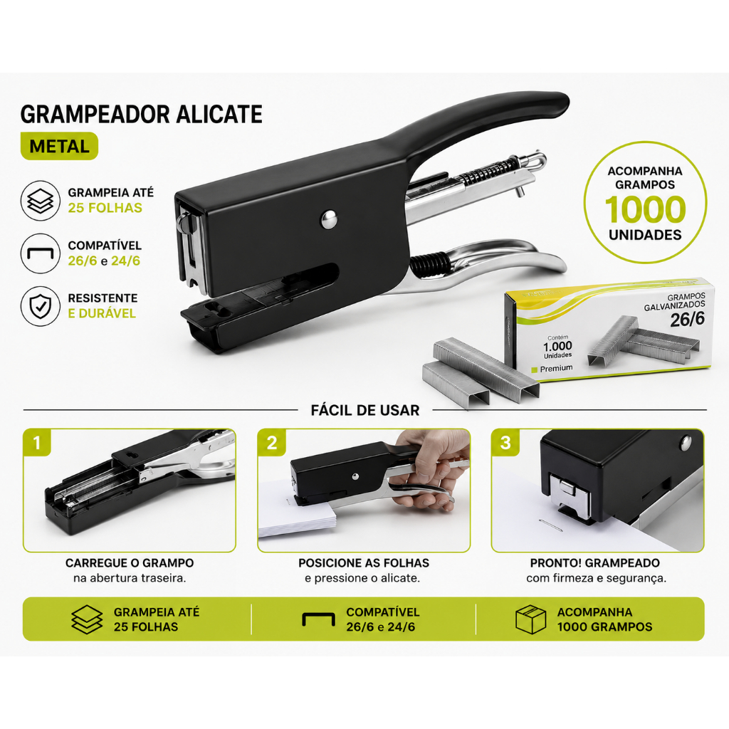 Grampeador De Mão Alicate Metal 25 Folhas Papel 2