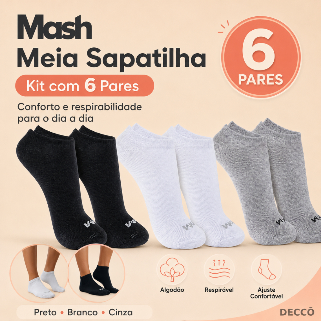 Kit Com 6 Pares de Meias Sport Mash Cano Curto em 