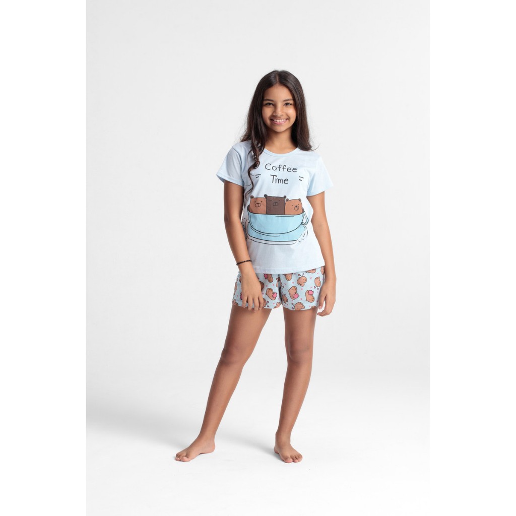 Pijama Juvenil Feminino Camiseta E Shorts 100% Alg