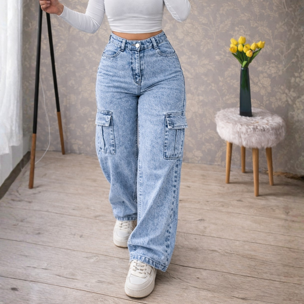 Calça Wide Leg Jeans CARGO Feminina Cintura Alta 