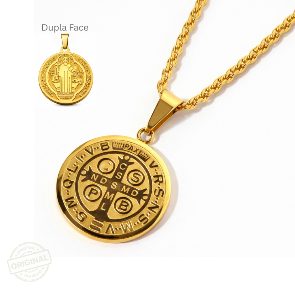 Colar Aço inoxidável com Pingente Medalha de Sã