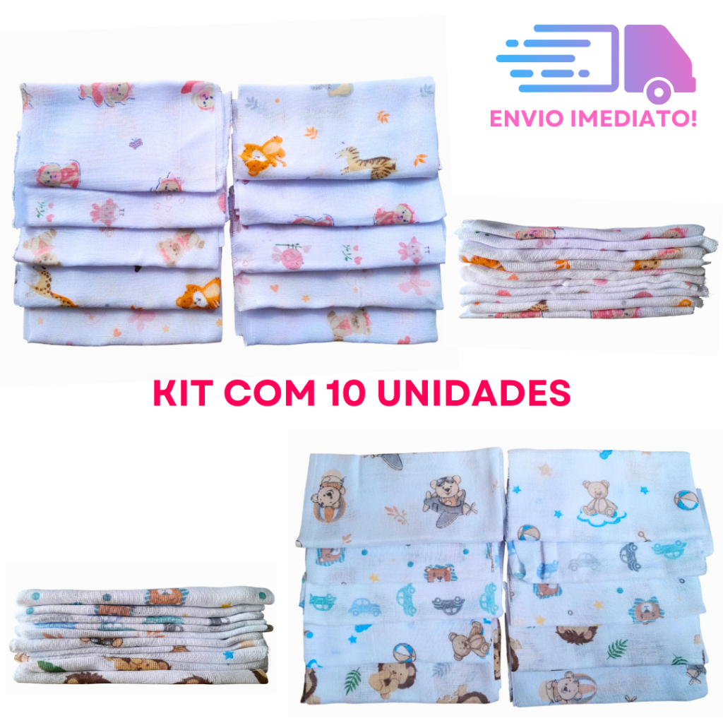 Kit 10 Panos de Boca em Fralda Luxo Estampada 35x3