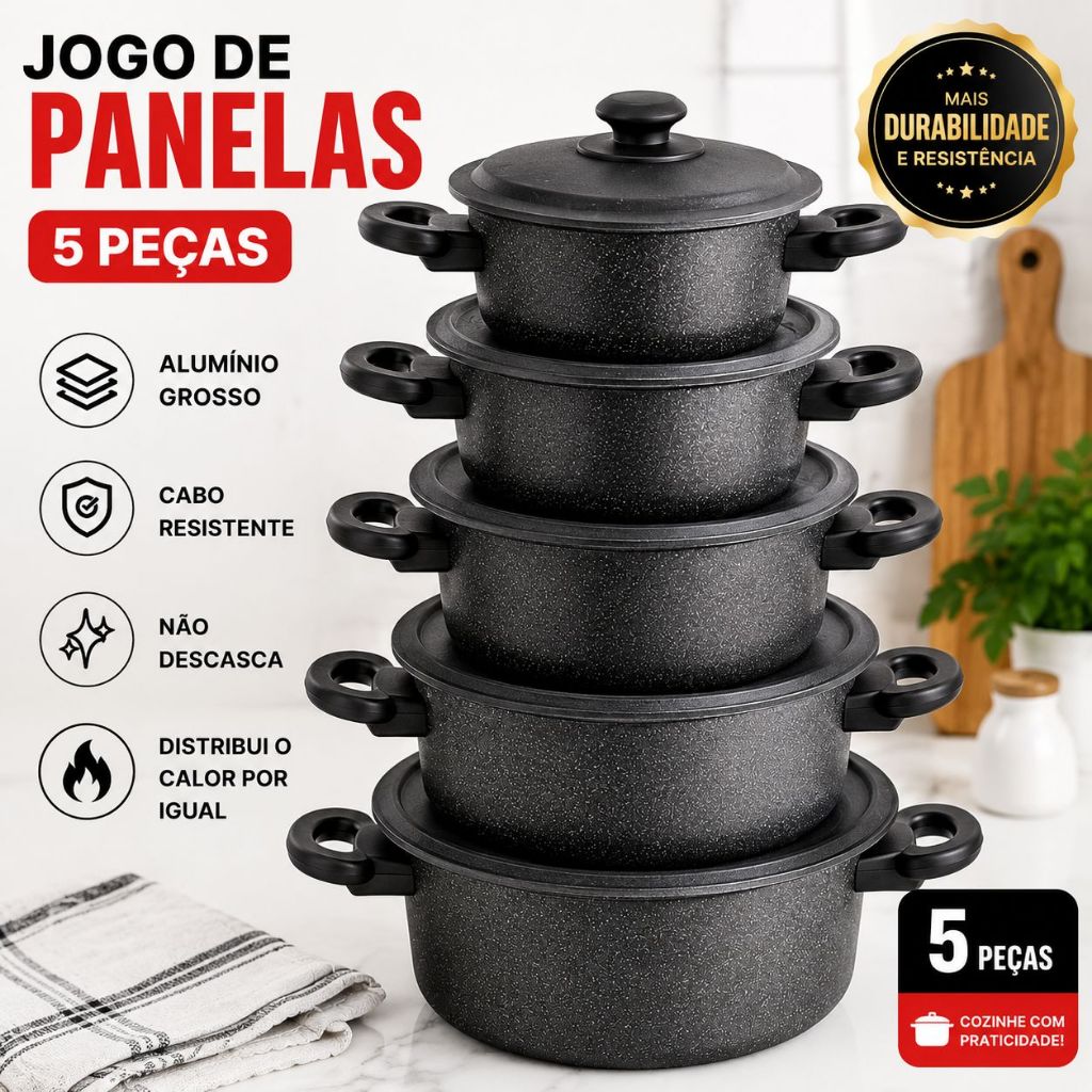JOGO DE PANELA ALUMÍNIO 5 PEÇAS; NÃO DESCASCA; 