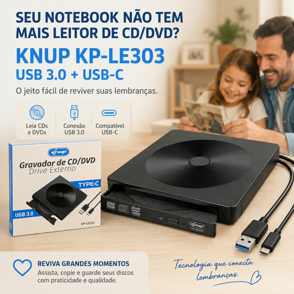 Leitor Gravador CD DVD Externo KNUP KP-LE303 USB-C