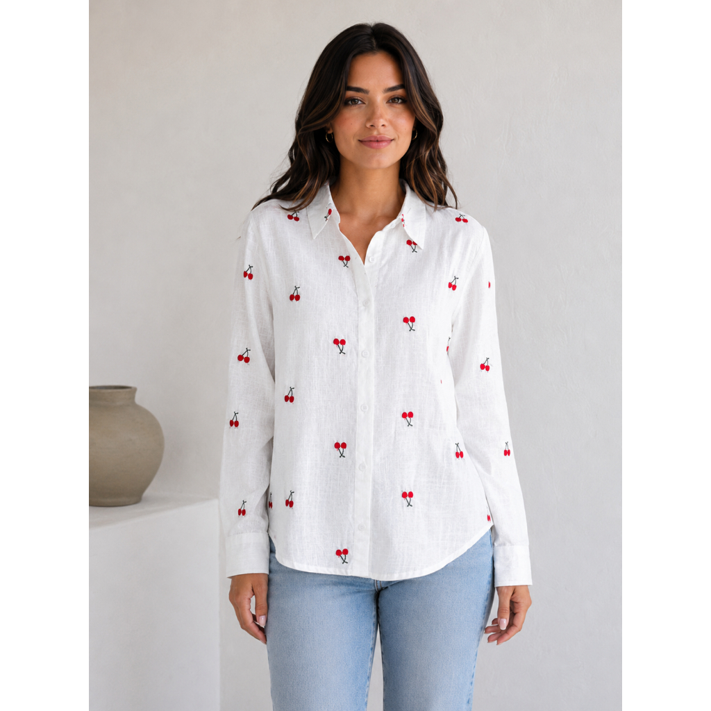 Camisa Feminina Manga Longa Branca em Linho com Bo