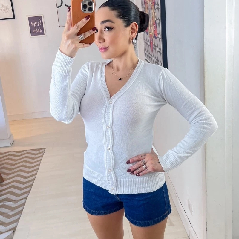 Casaco Tricot Lisa Com Botões Elastano Lindo Moda