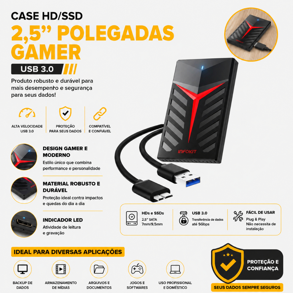 Case para HD 2.5 polegadas SATA III USB 3.0 com LE