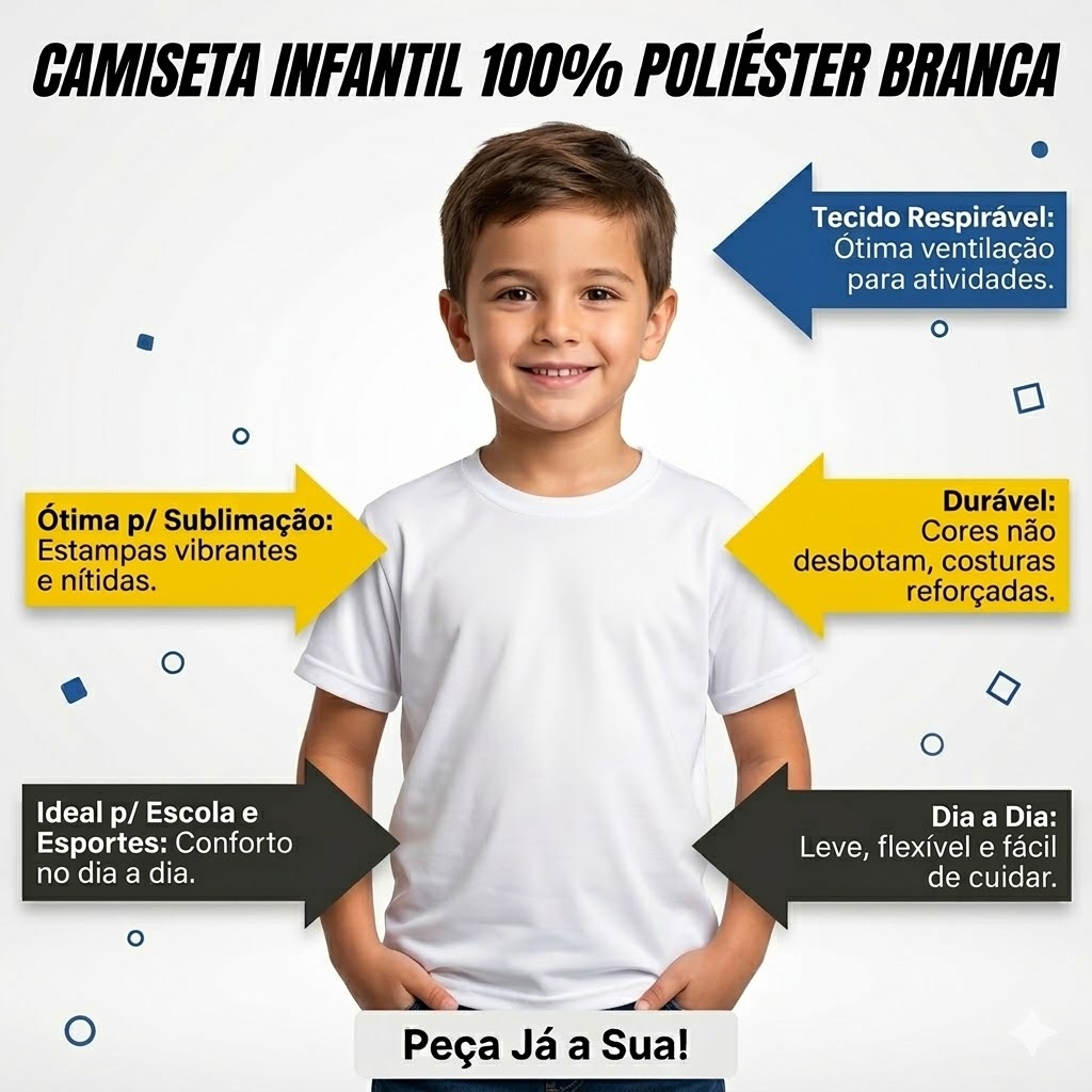 Camiseta Infantil Branca Malha Premium Poliéster 