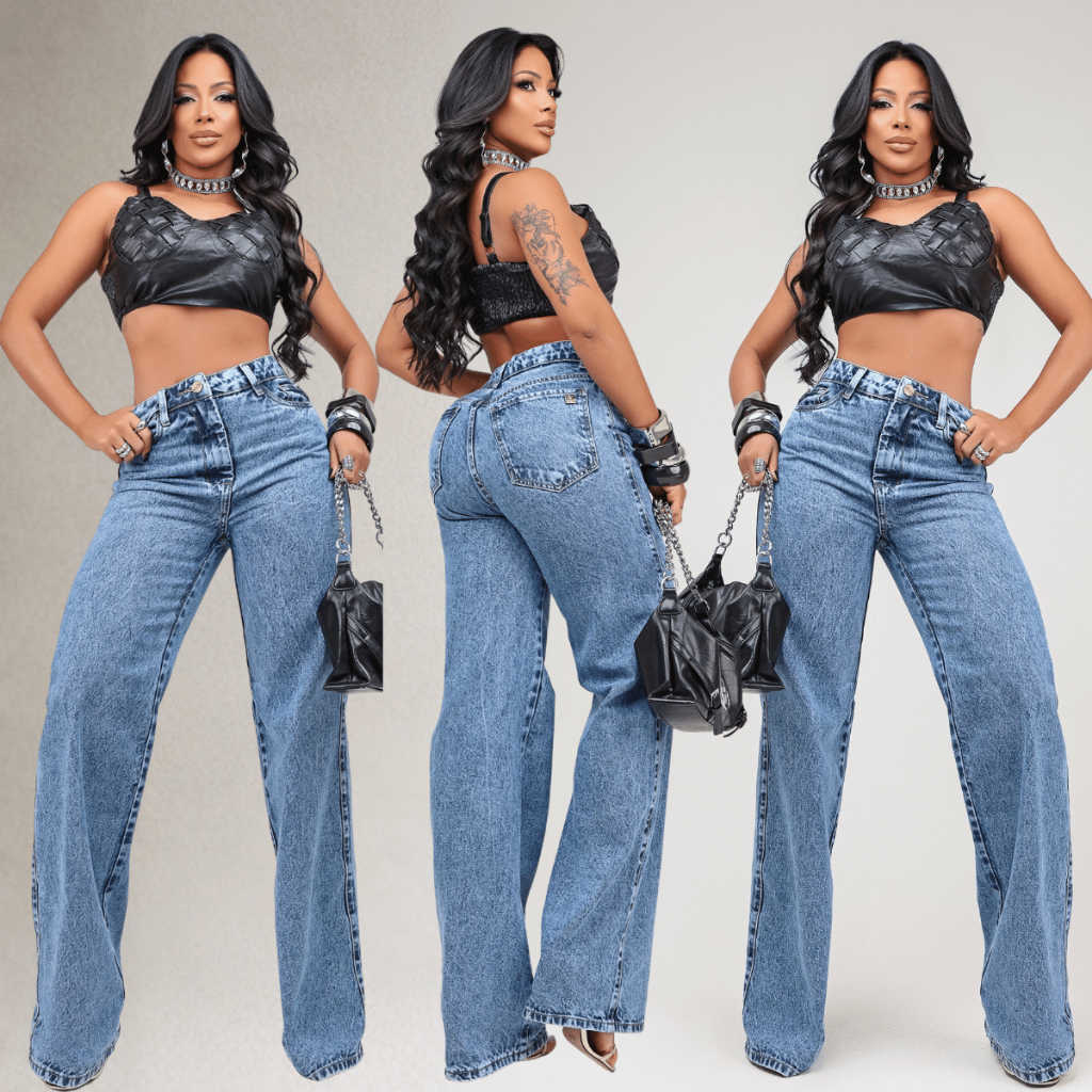 Calça Wid Leg Jeans Feminina Cintura Alta 100% Al