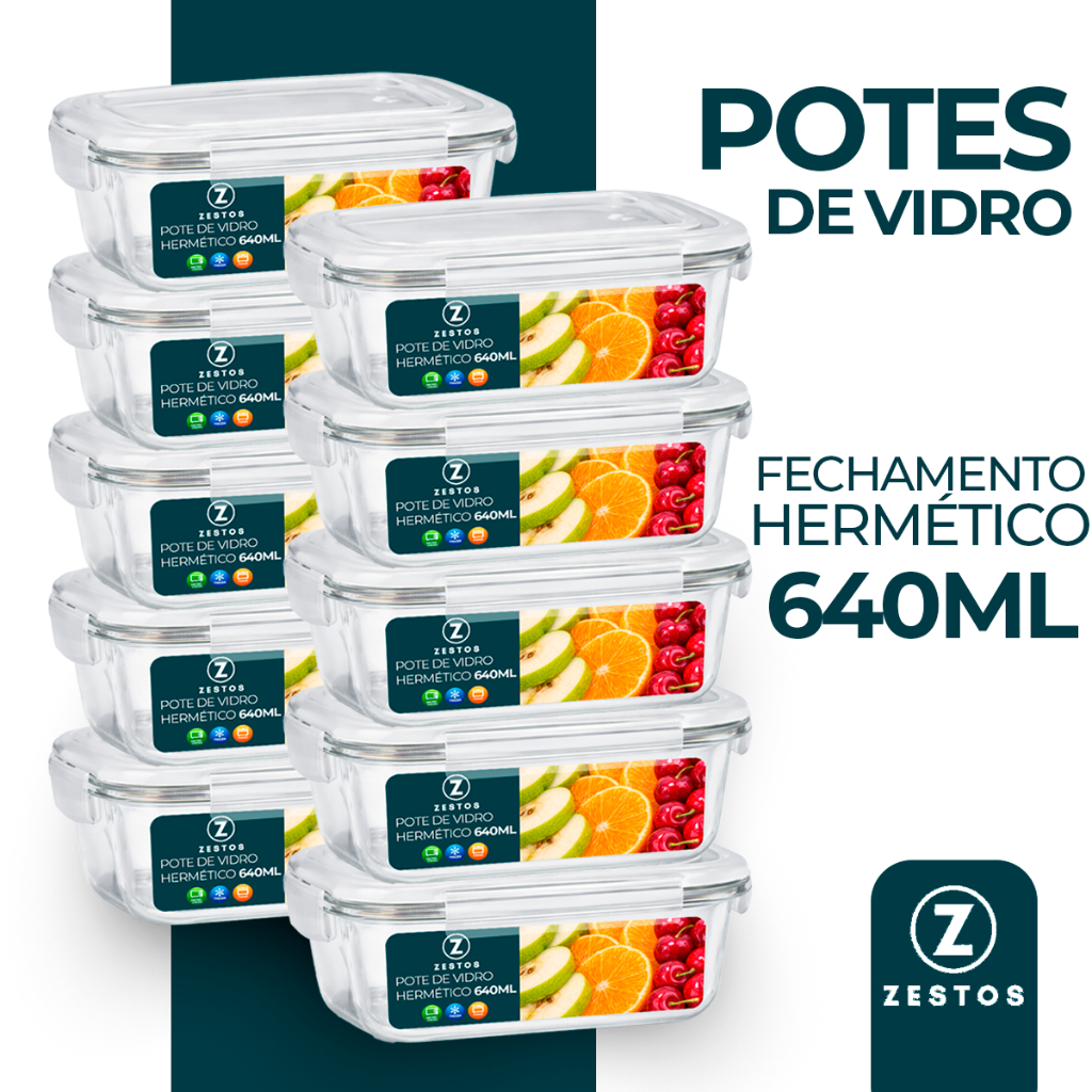 Conjunto Potes 640ml Vidro Hermético 4 Travas Fit