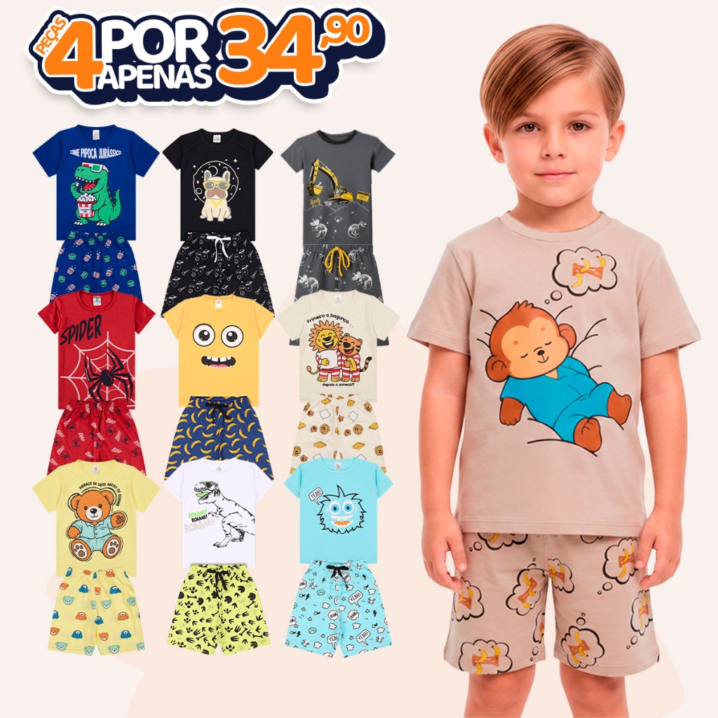 Kit Sortido 4 Peças Pijama Infantil Menino Manga 