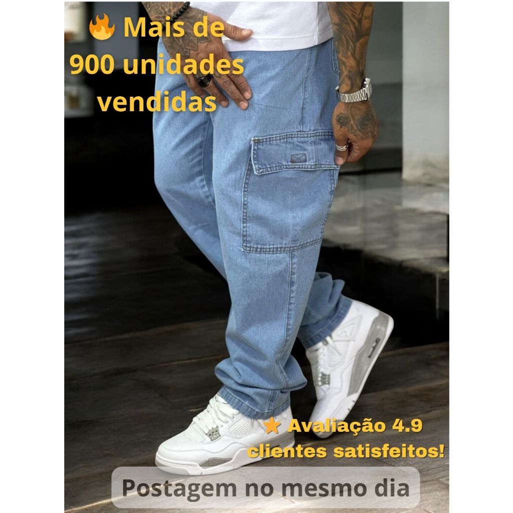 Calça Cargo Masculina Jeans Cos Elástico Cordão