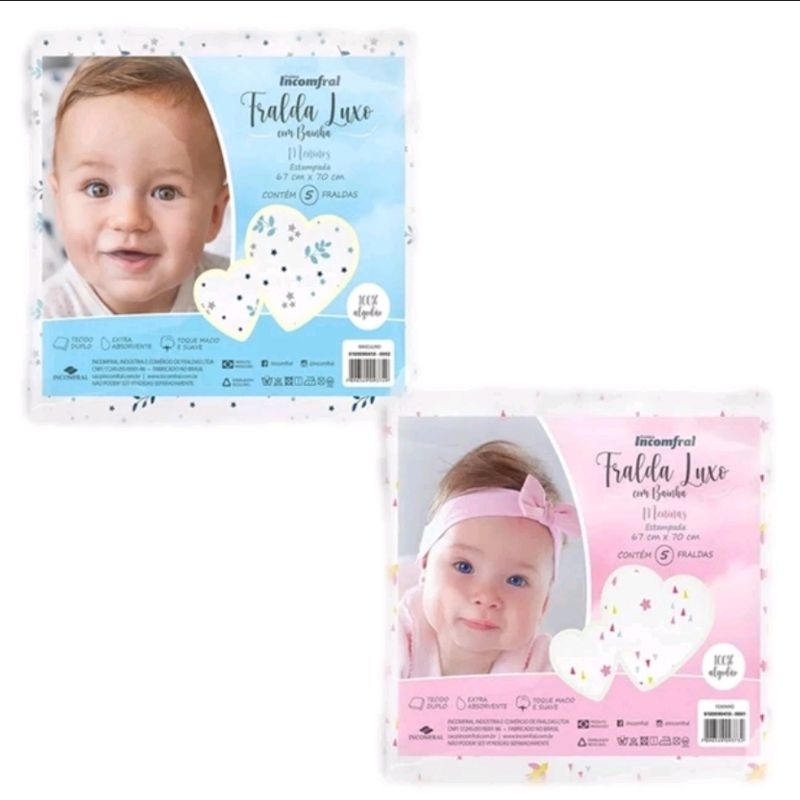 Fralda de pano dupla luxo com bainha estampada 5 u