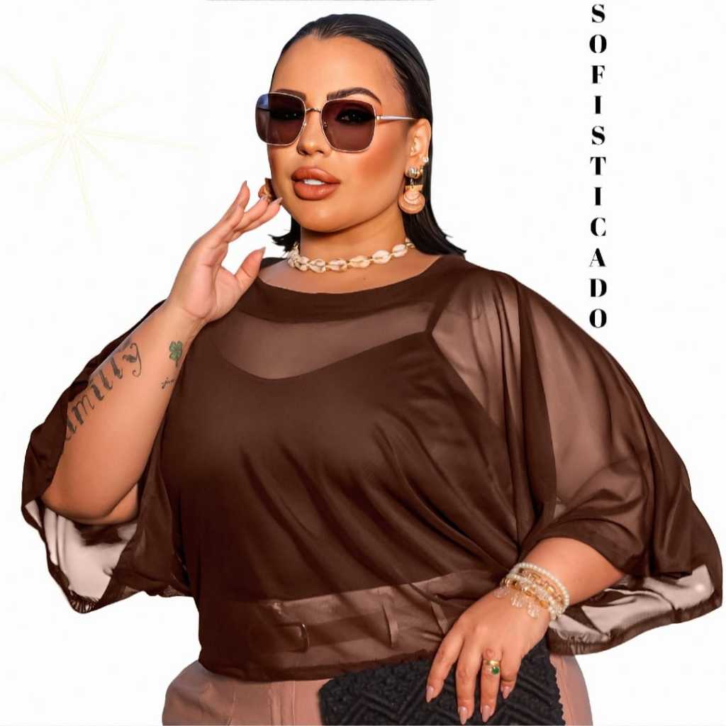 Conjunto Top E Blusa Tule Manga Morcego Plus Size 