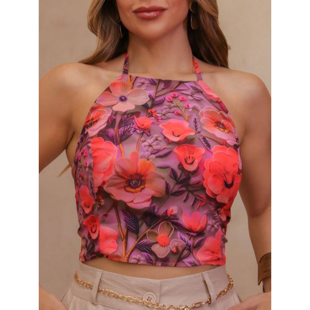 cropped combojo 3d estampa amarrar atras novo