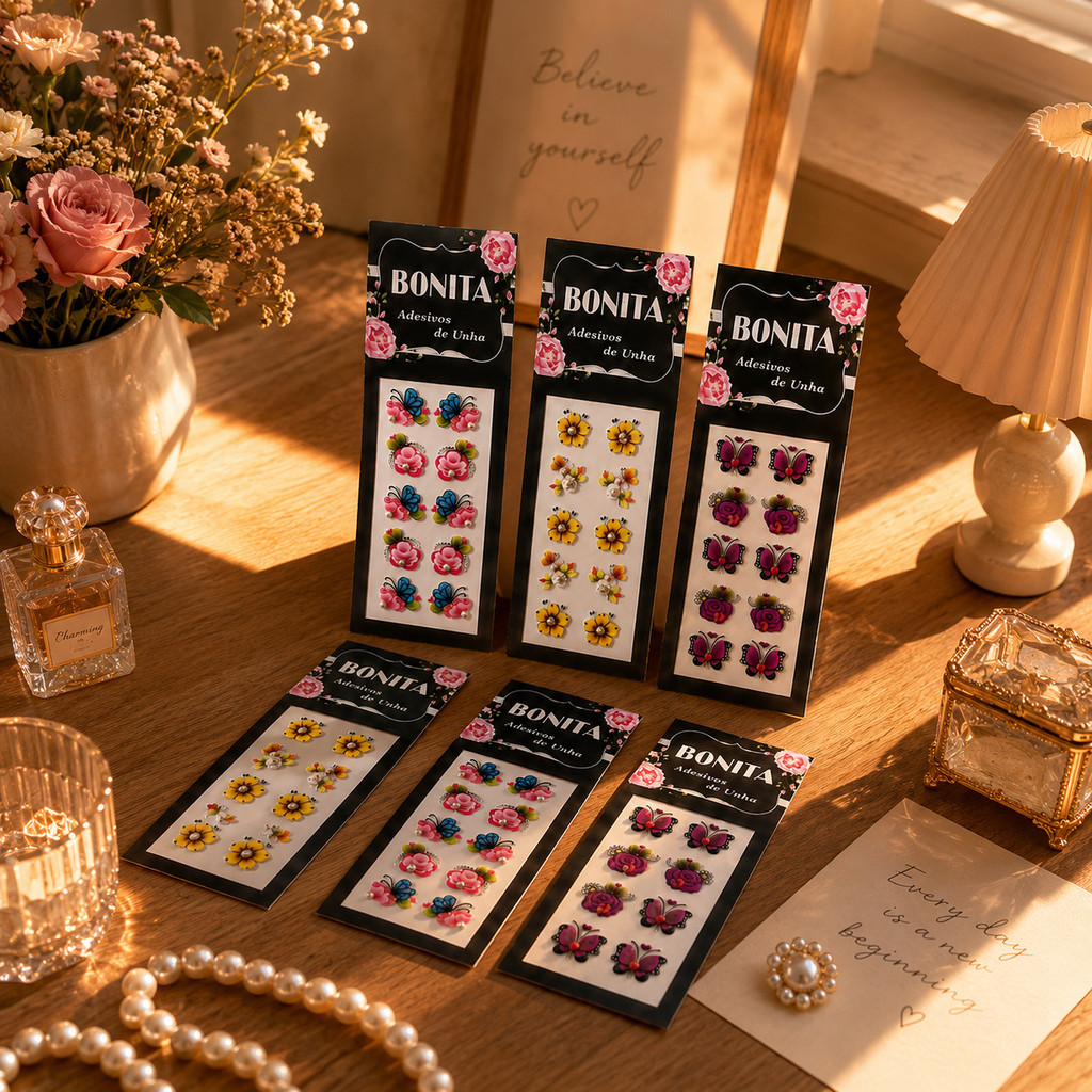 Kit 300 Adesivos de Unha 3D com Pedrarias  Nail Ar