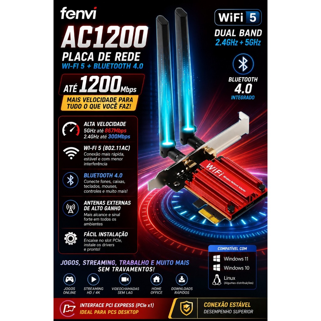 PLACA DE REDE WI-FI5 E BLUETOOTH 4.0  FENVI AC1200