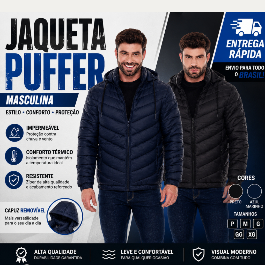 Jaqueta Puffer Masculina Impermeável Bobojaco Cap