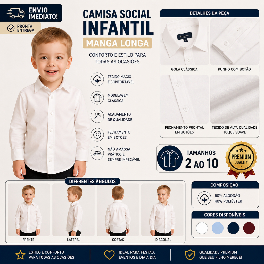 Camisa Social Infantil Menino Manga Longa Elegante