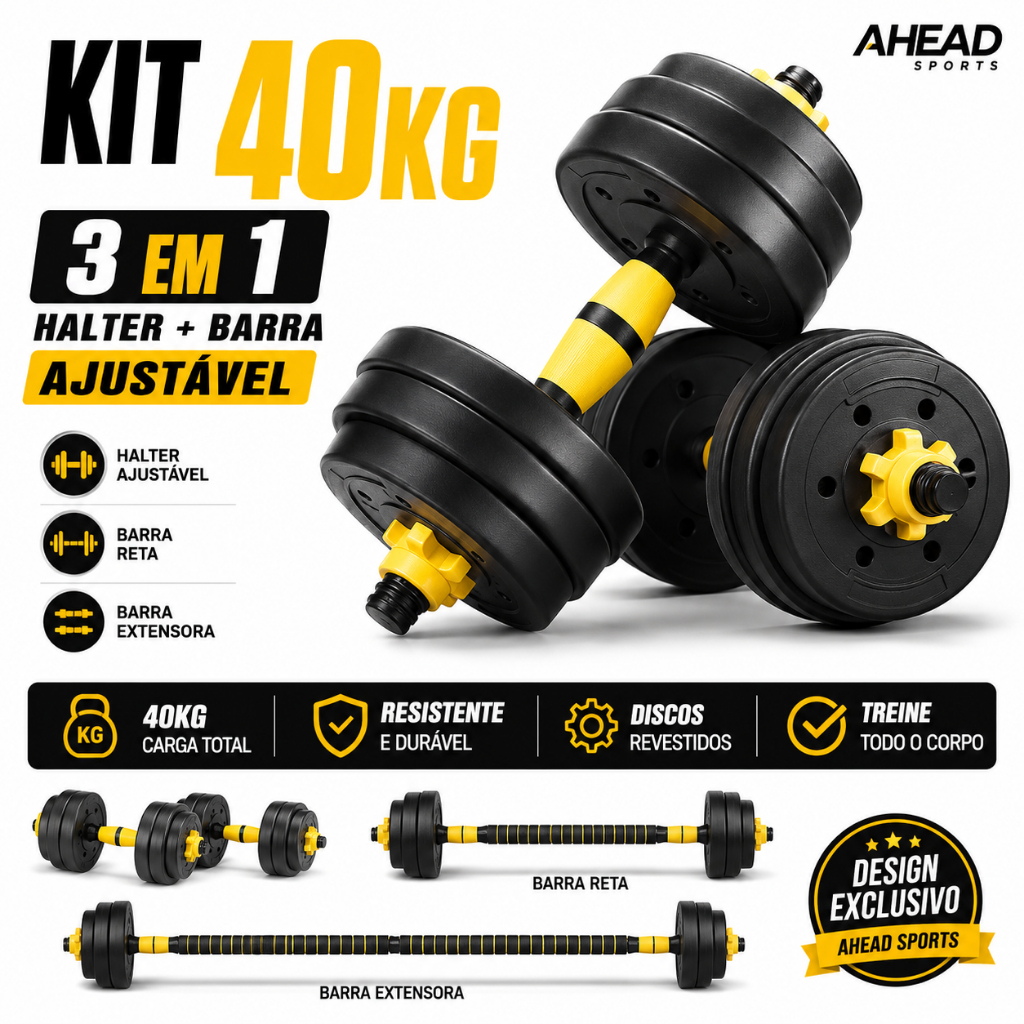 Kit Halteres 3 em 1 40kg Anilha Barra Musculação
