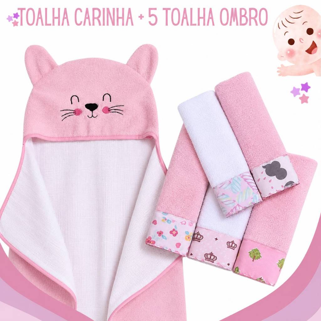 Kit Banho Bebê 6 Peças 1 Toalha Carinha Bordada 