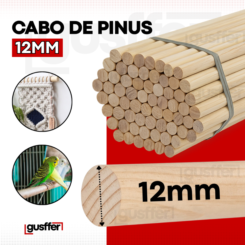 Kit 10 Cabos de Madeira Pinus 12mm Vareta Poleiro 