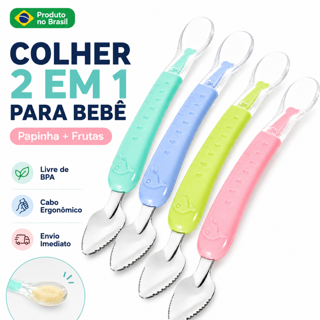 Colher Bebê 2 em 1 Raspa Fruta Silicone Inox Papi