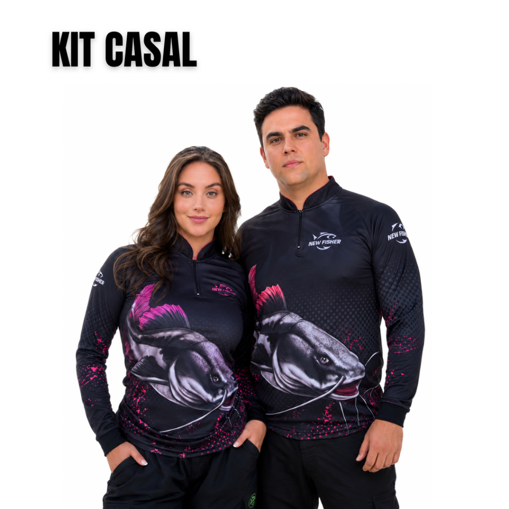 Kit Casal Camisa Camiseta Blusa UV50 de Pesca Pira