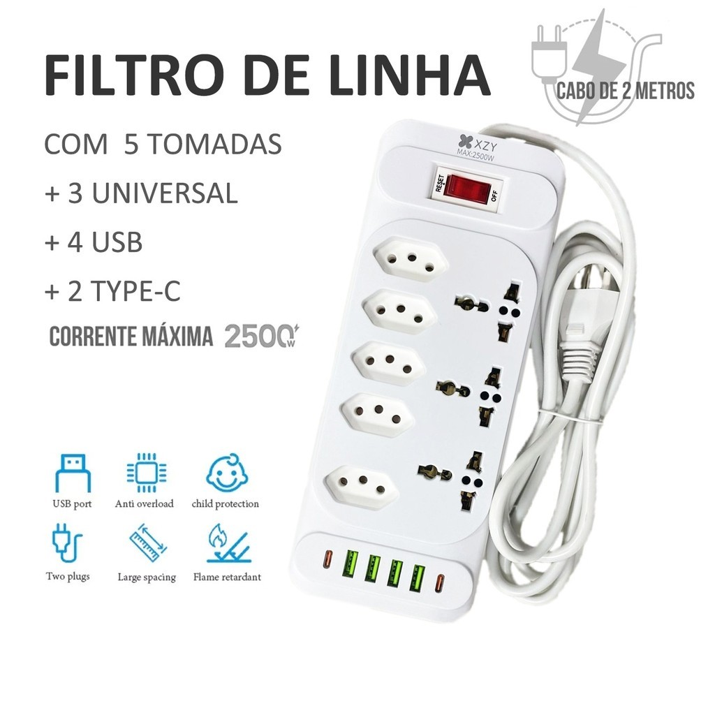 Régua Filtro de Linha com 7 Tomadas Extensão El�