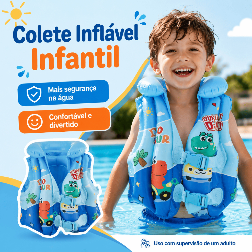 Colete Flutuante Inflável Infantil Dinossauro, Co