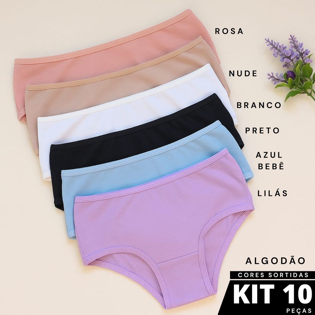 Kit 10 Calcinhas Juvenil Infantil Cotton Algodão