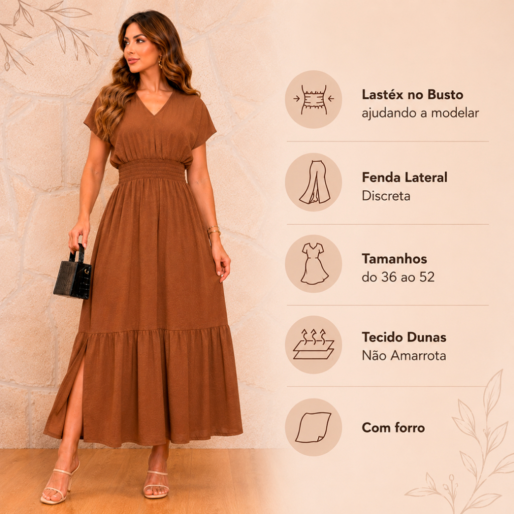 Vestido Longo Evangélico com Forro, Gola V com Ba