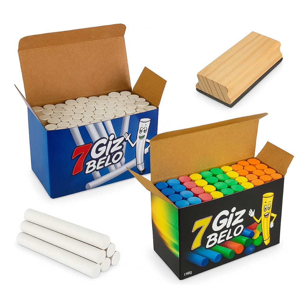 Kit 2 Caixas Giz De Lousa 50u Branco E Colorido + 