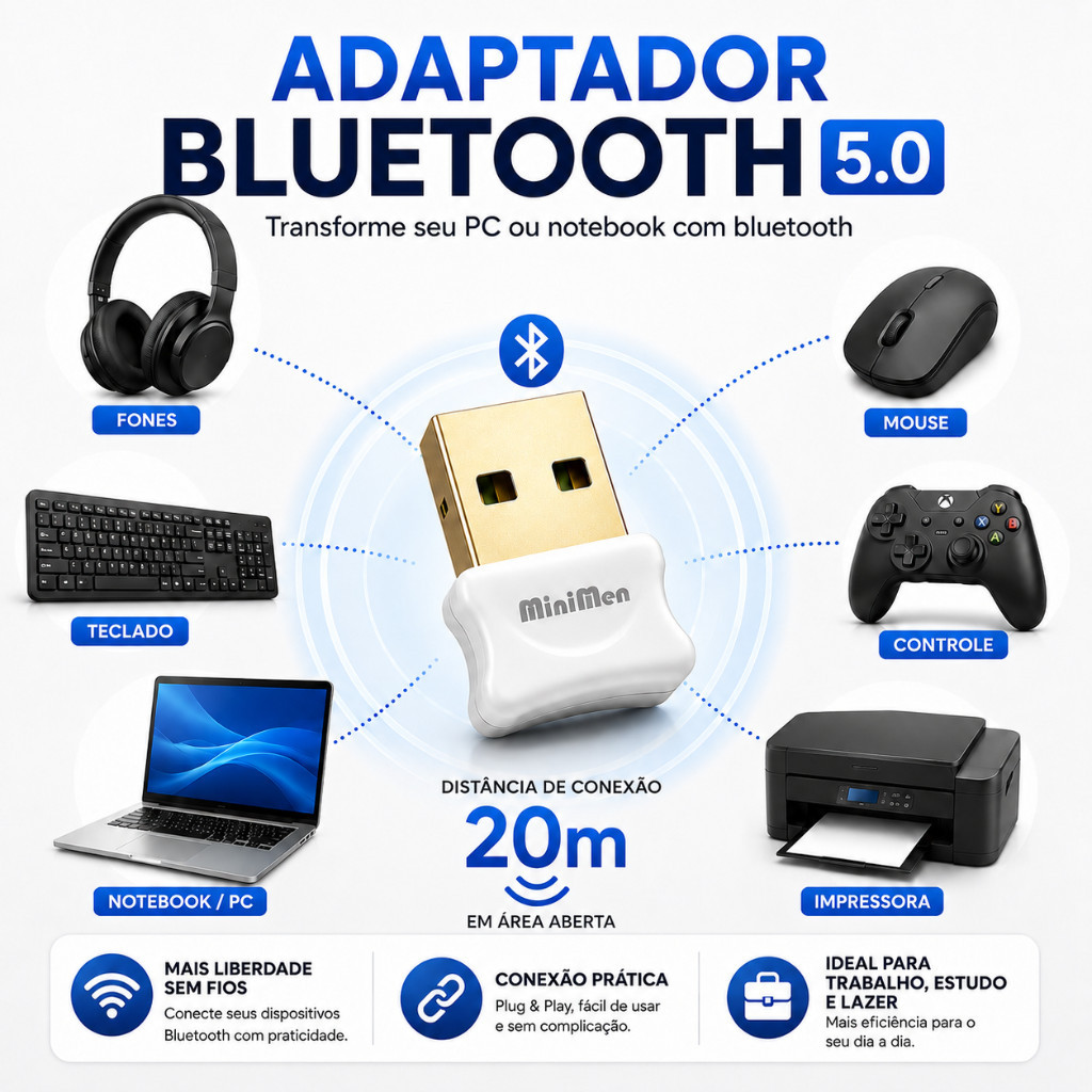 Adaptador p/ Bluetooth 5.0 USB Plug E Play PC Note