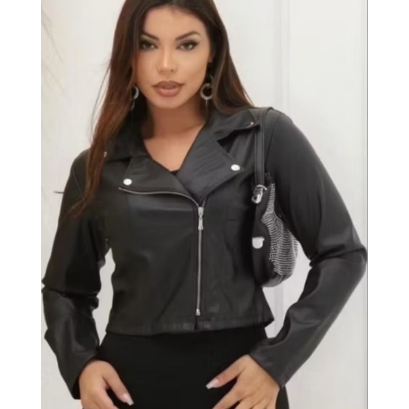 jaqueta de Couro femenina con ziper invernoelegant