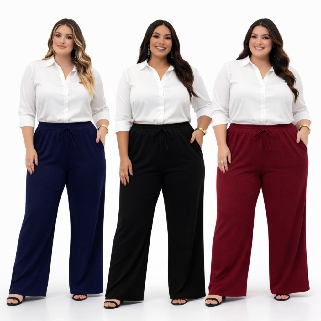 Calça Pantalona Feminina Plus Size Canelada Com E