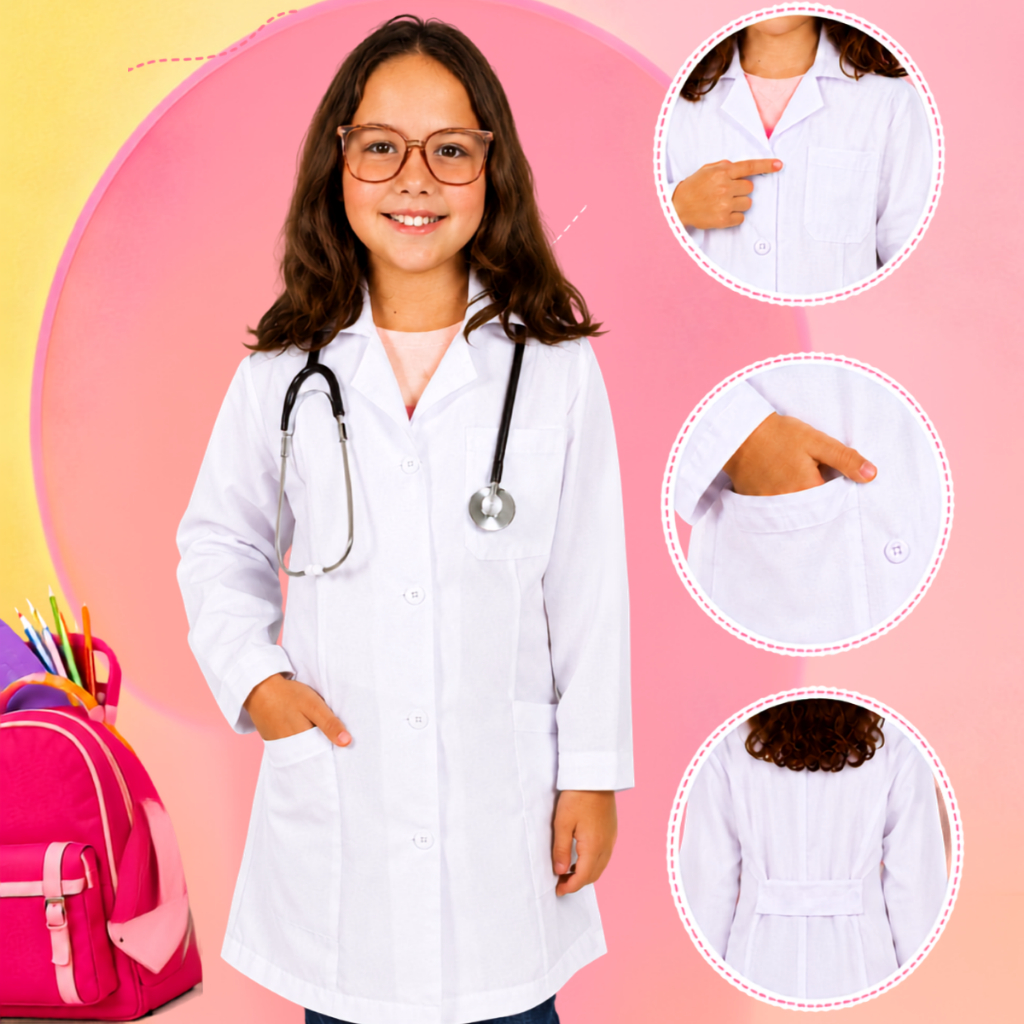 Jaleco Avental Branco Infantil Feminino Acinturado