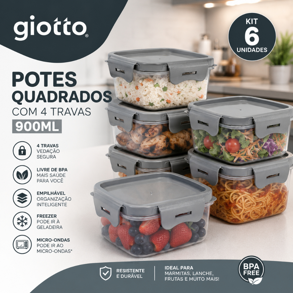 Kit 6 Potes 900ml Cinza com 4 Travas Vedação Seg