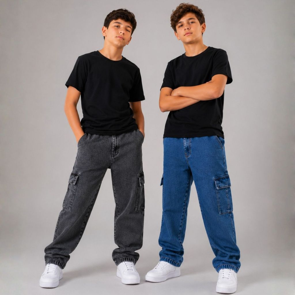 Calça jeans cargo masculino tamanho 10 ao 16