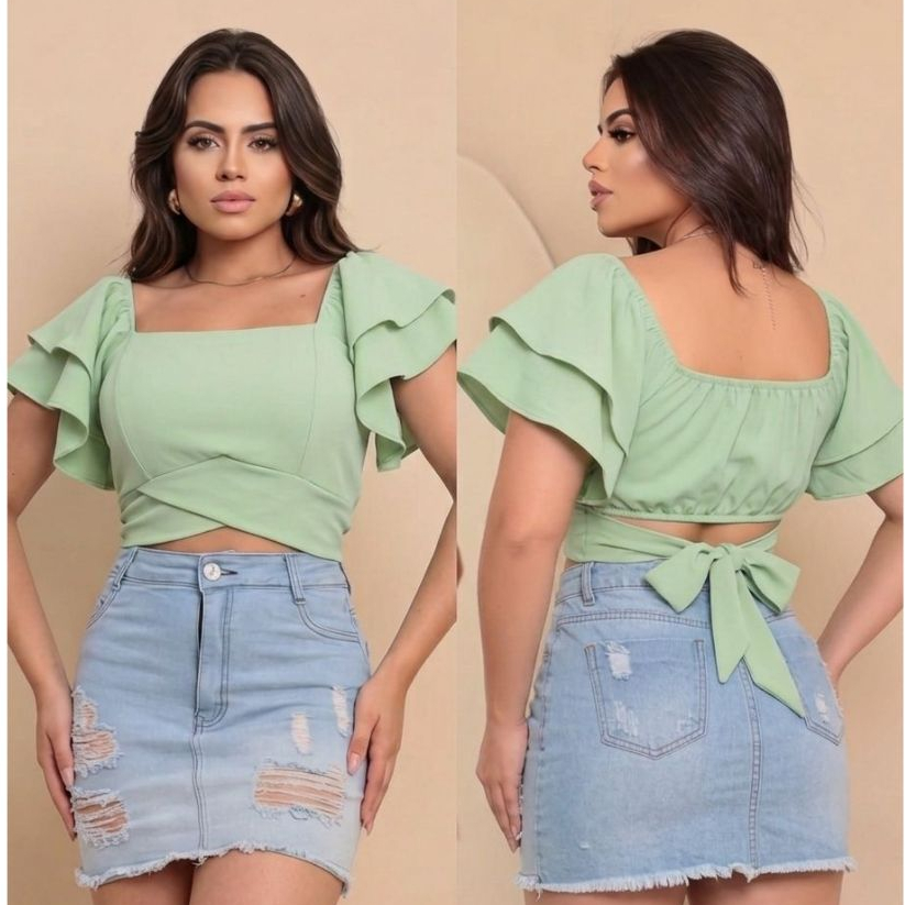CROPPED  FEMININO MANGA 3/4 COM PALA E AMARRAÇÃO