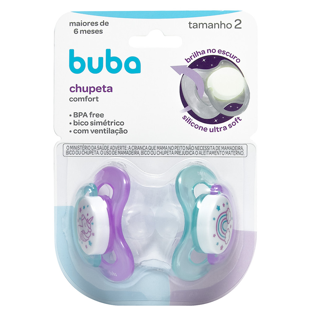 Kit 2 Chupeta Comfort Buba Tamanho 2 Noturna Unic�