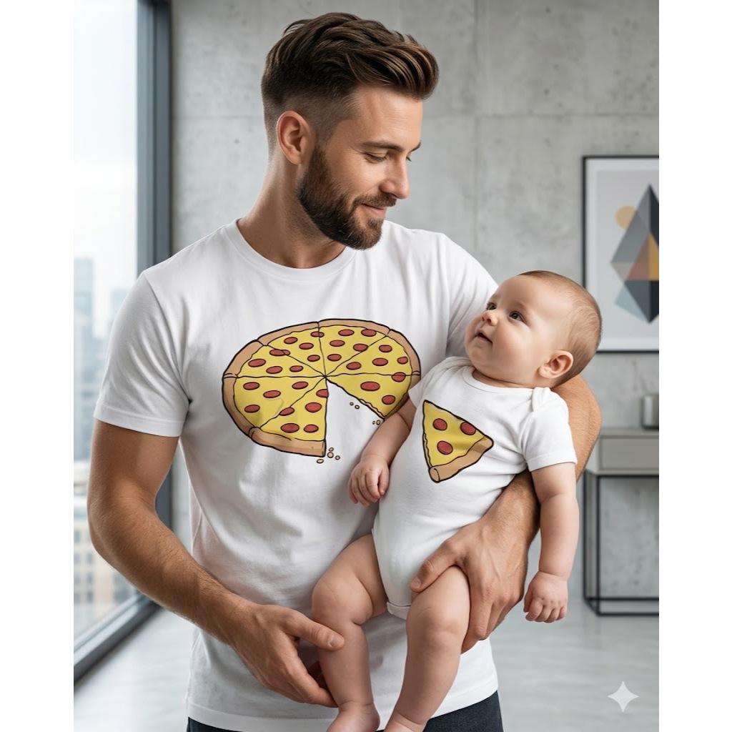 Kit Tal Pai Tal Filho Pizza Body Bebê e Camiseta 
